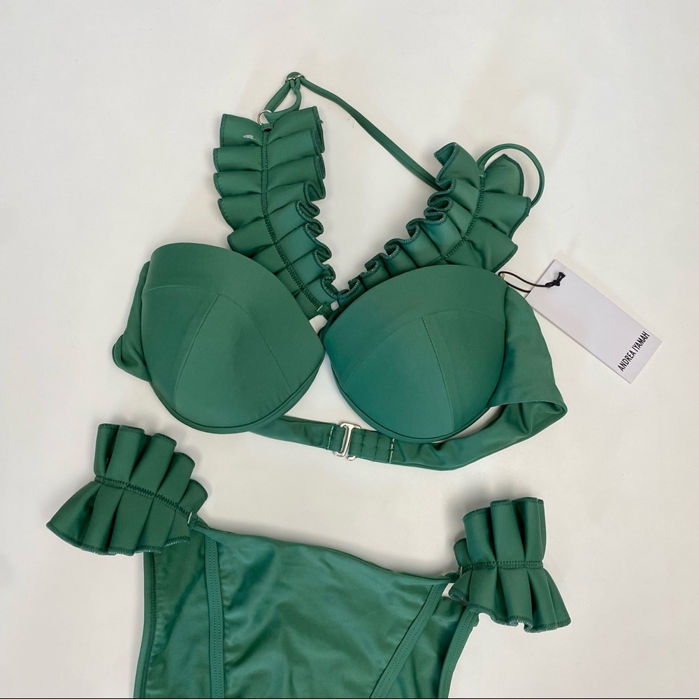 New Andrea Iyamah M L New RARE HTF Green Ruffled High Cut Mulan Bikini Swimsuit - Picture 3 of 16